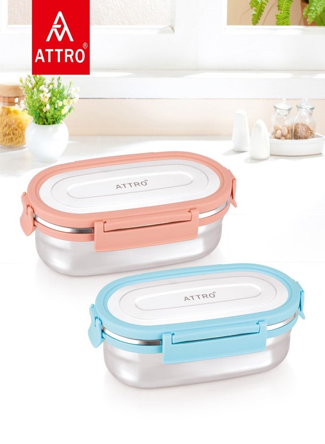 Attro Oval Stainless Steel Lunch Box with 1 Small Box Compact Design Airtight Leak Proof Lunch Box for Office, School, Picnic-650Ml+100Ml Blue - Image 4